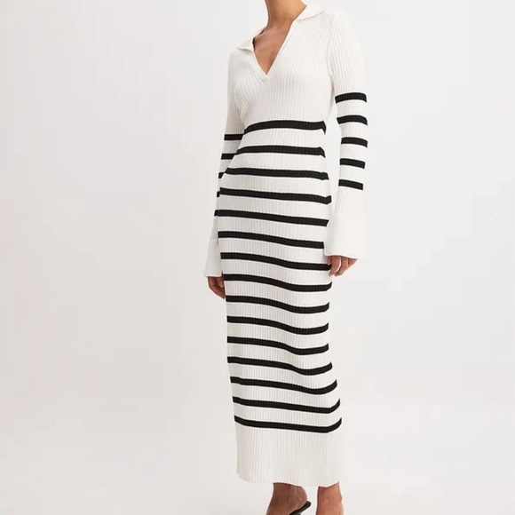 NA-KD Dresses & Skirts - *BRAND NEW* NA-KD Striped Rib Knitted Trumpet Sleeve Dress in Black/White Stripe
